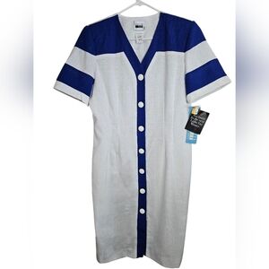 Leslie Fay White & Blue Button-Front Dress, Size 14 – NWT
